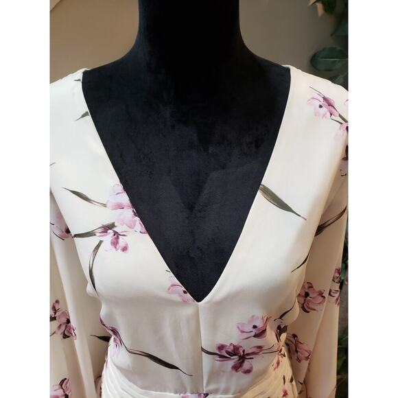 FTF Dress Women Size 2X White Pink Floral Long Sleeve V Neck Polyester Elegant - Picture 6 of 12
